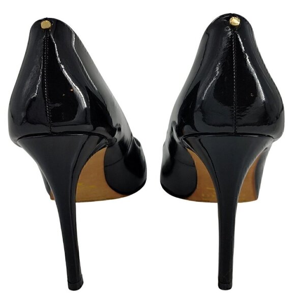 TED BAKER Black Patent Leather Stiletto High Heel Pumps Gold Logo Hardware - Picture 7 of 12